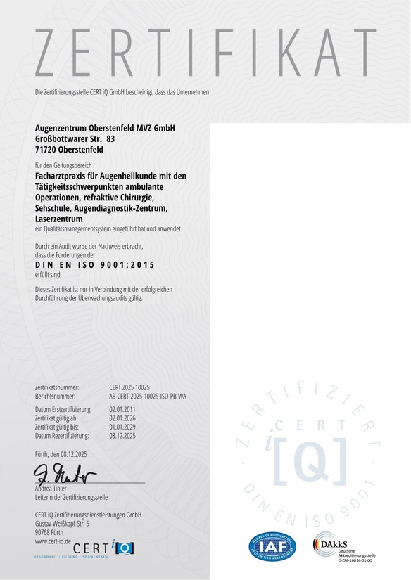 Qualitätszertifikat des Augenzentrum Oberstenfeld